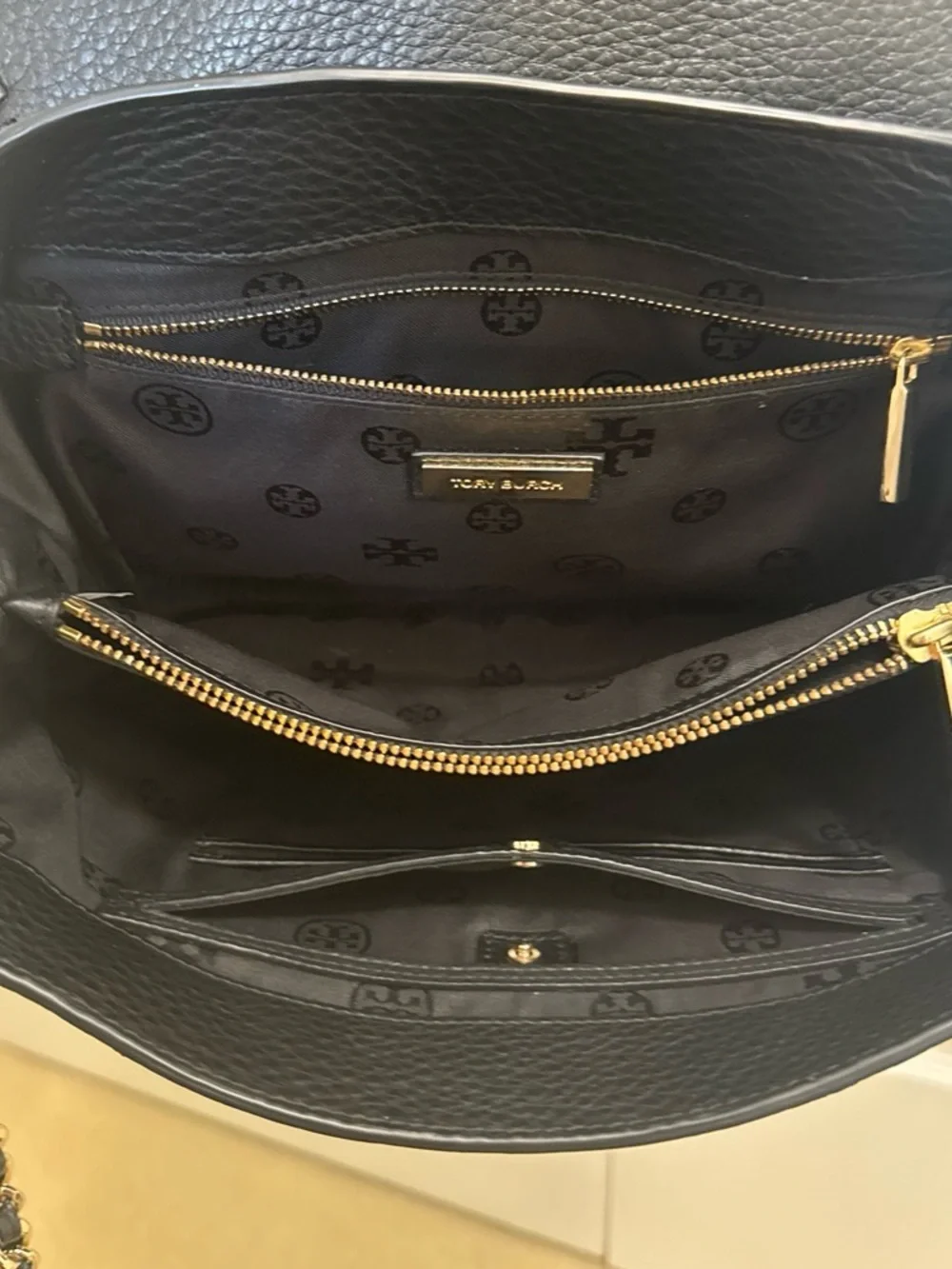 Black Tory Burch Marion Combo Black Leather Whipstitch Crossbody Bag with Gold